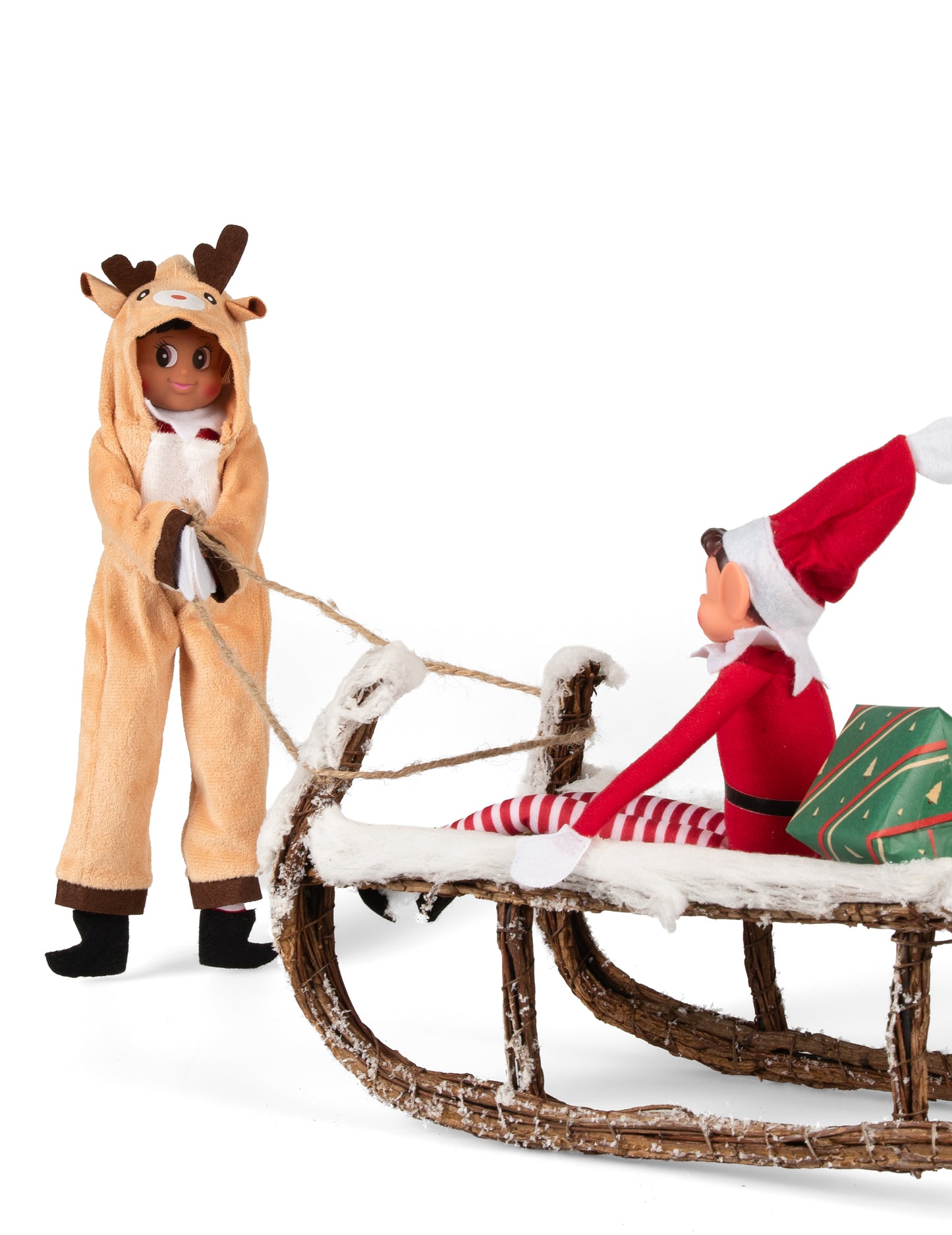 Karácsonyi rénszarvas jelmez egy huncut manóbabának