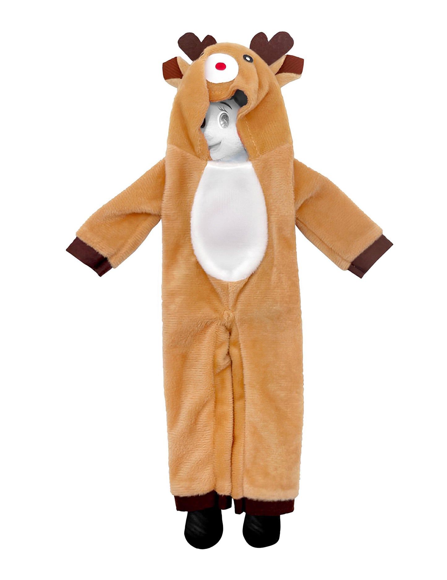 Déguisement renne de Noël pour poupée lutin farceur marron et blanc avec bois et nez rouge