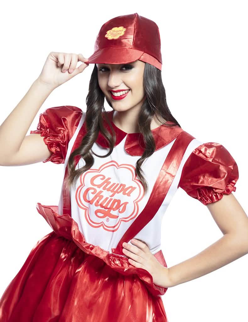 Közelkép a Chupa Chups™ jelmezruha mellrészéről és sapkájáról