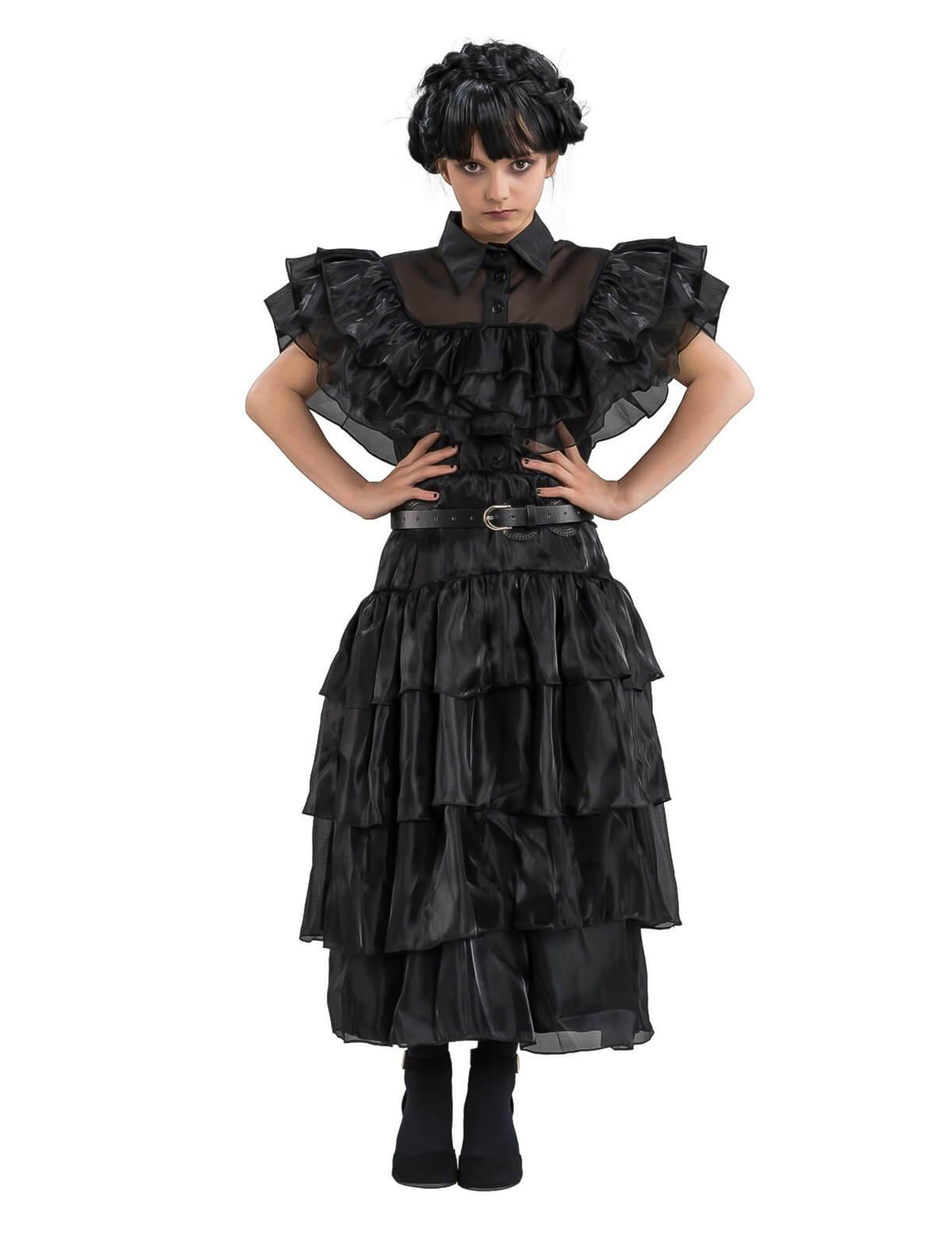 Déguisement robe de bal Mercredi Addams pour enfant noire à volants