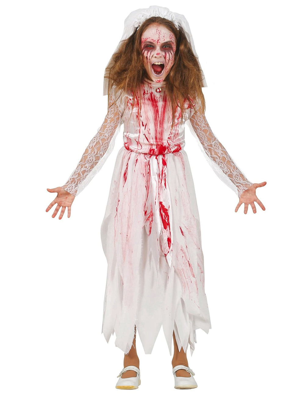 Déguisement robe de mariée sanglante pour fille blanche et rouge avec voile