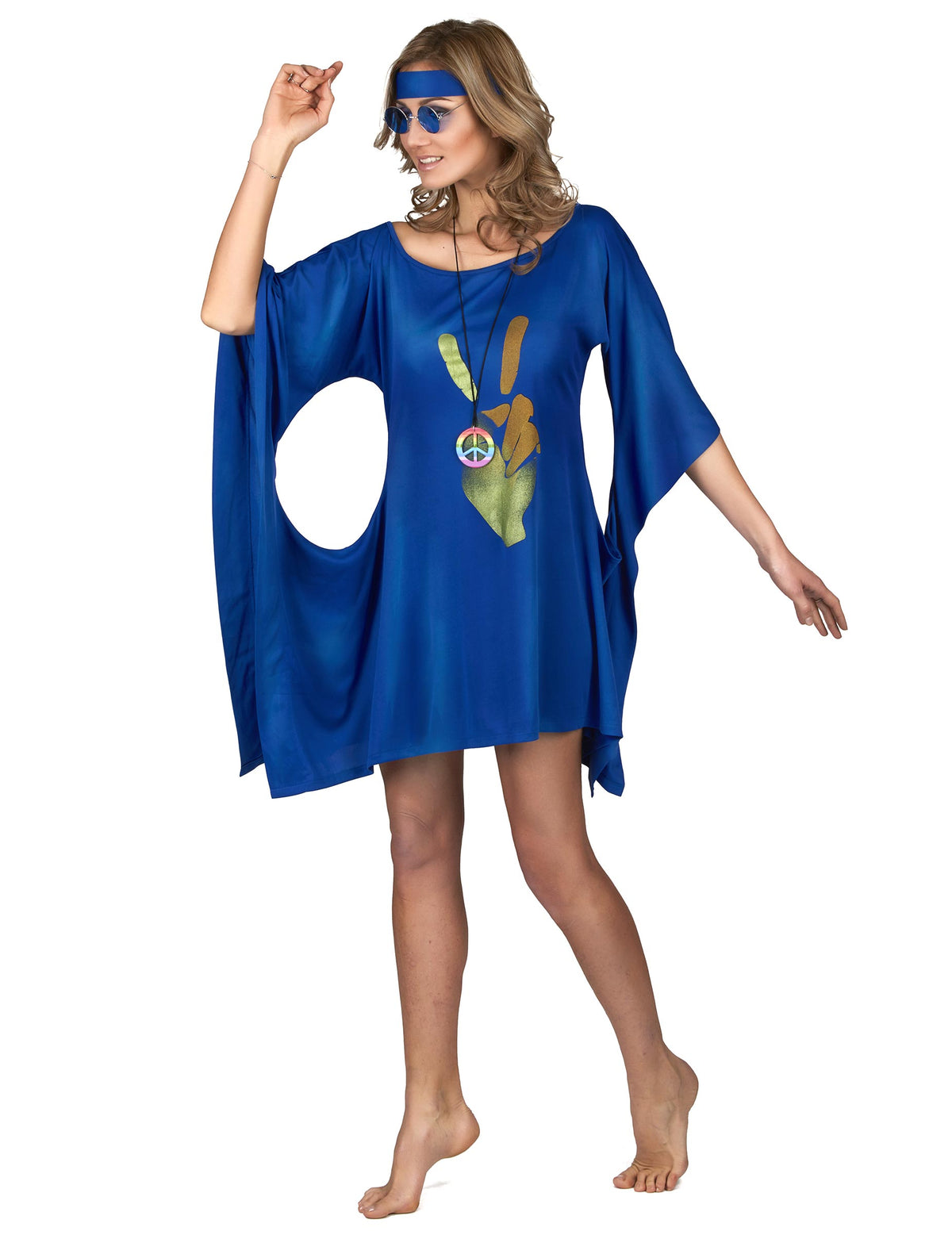 Vue de face du déguisement robe hippie peace et love pour femme