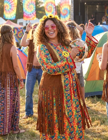 Déguisement robe longue hippie à franges grande taille femme
