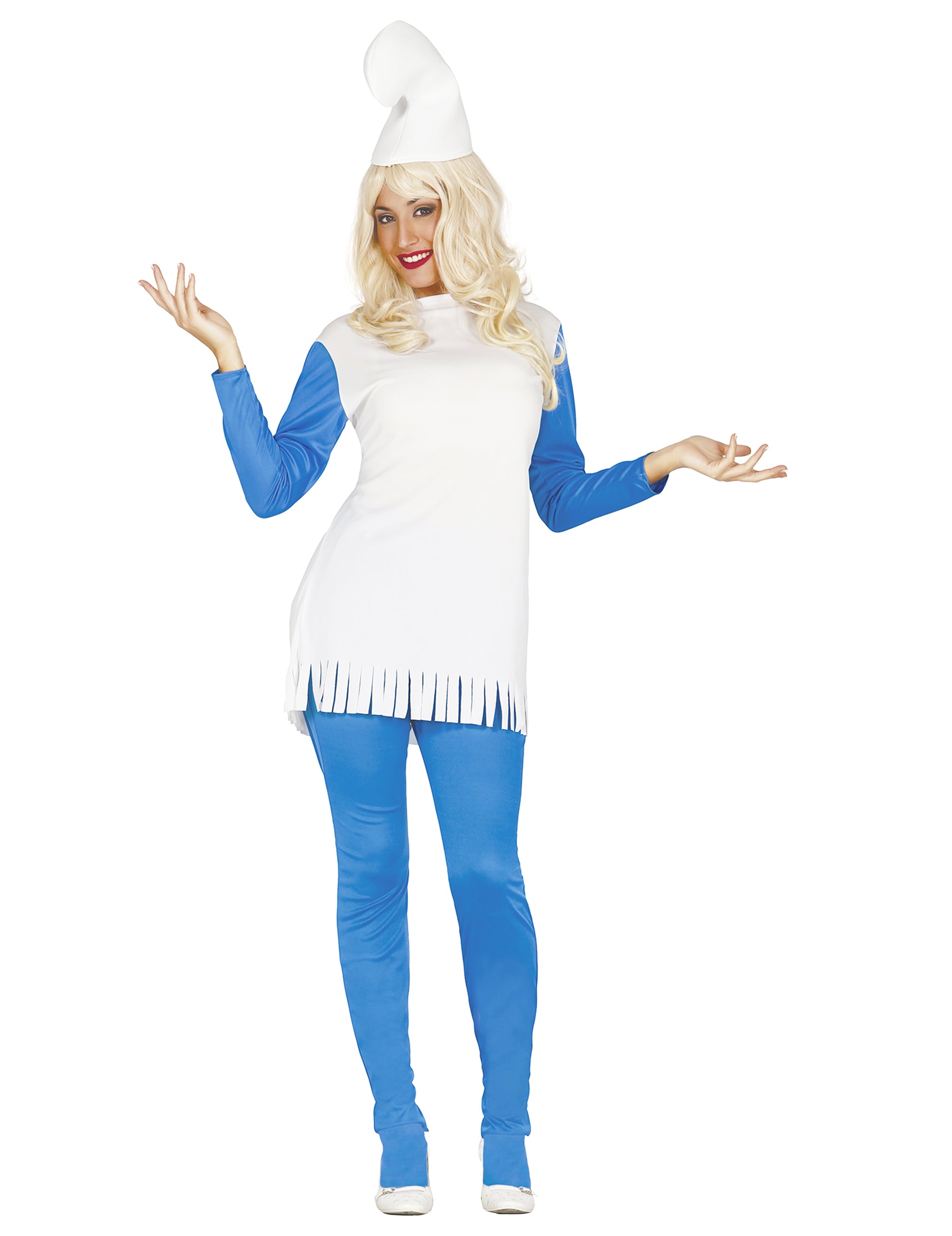 Déguisement robe nain bleu pour femme bleu et blanc avec bonnet