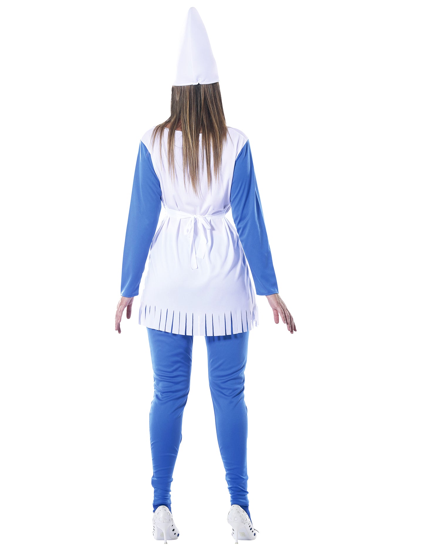 Vue de dos du déguisement robe nain bleu pour femme