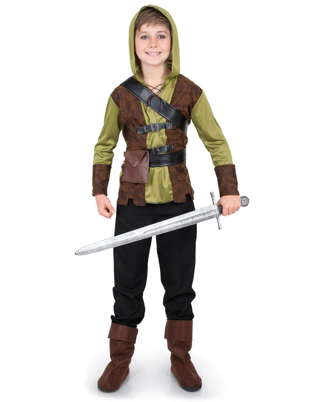 Robin Hood jelmez fiúknak, zöld és barna, karddal és kapucnival