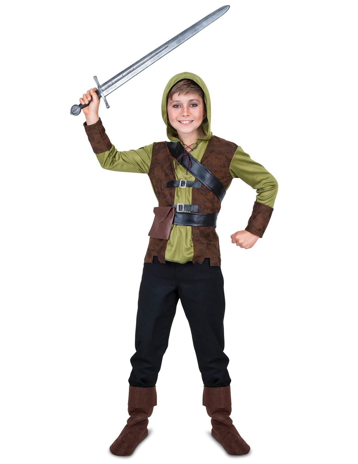 Elölnézet felemelt karddal, fiú Robin Hood jelmezében