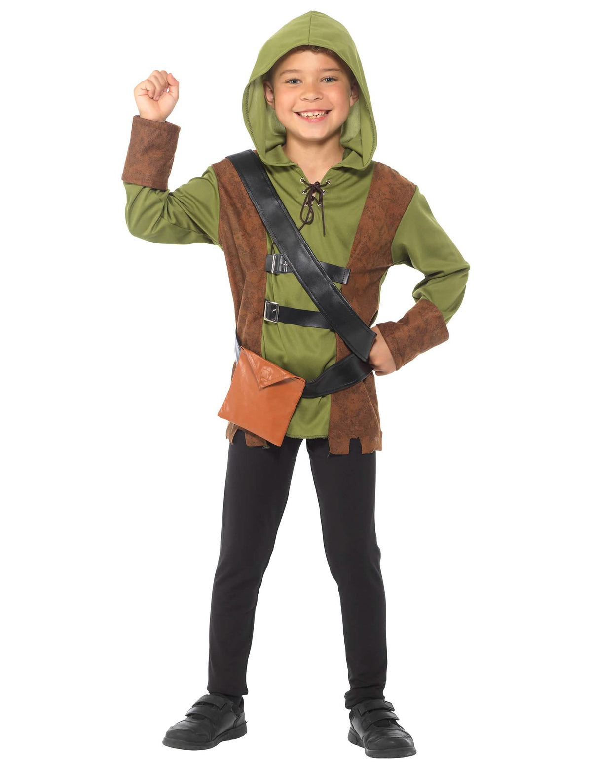 Elölnézetben, a fiú Robin Hood jelmezének tasakjával