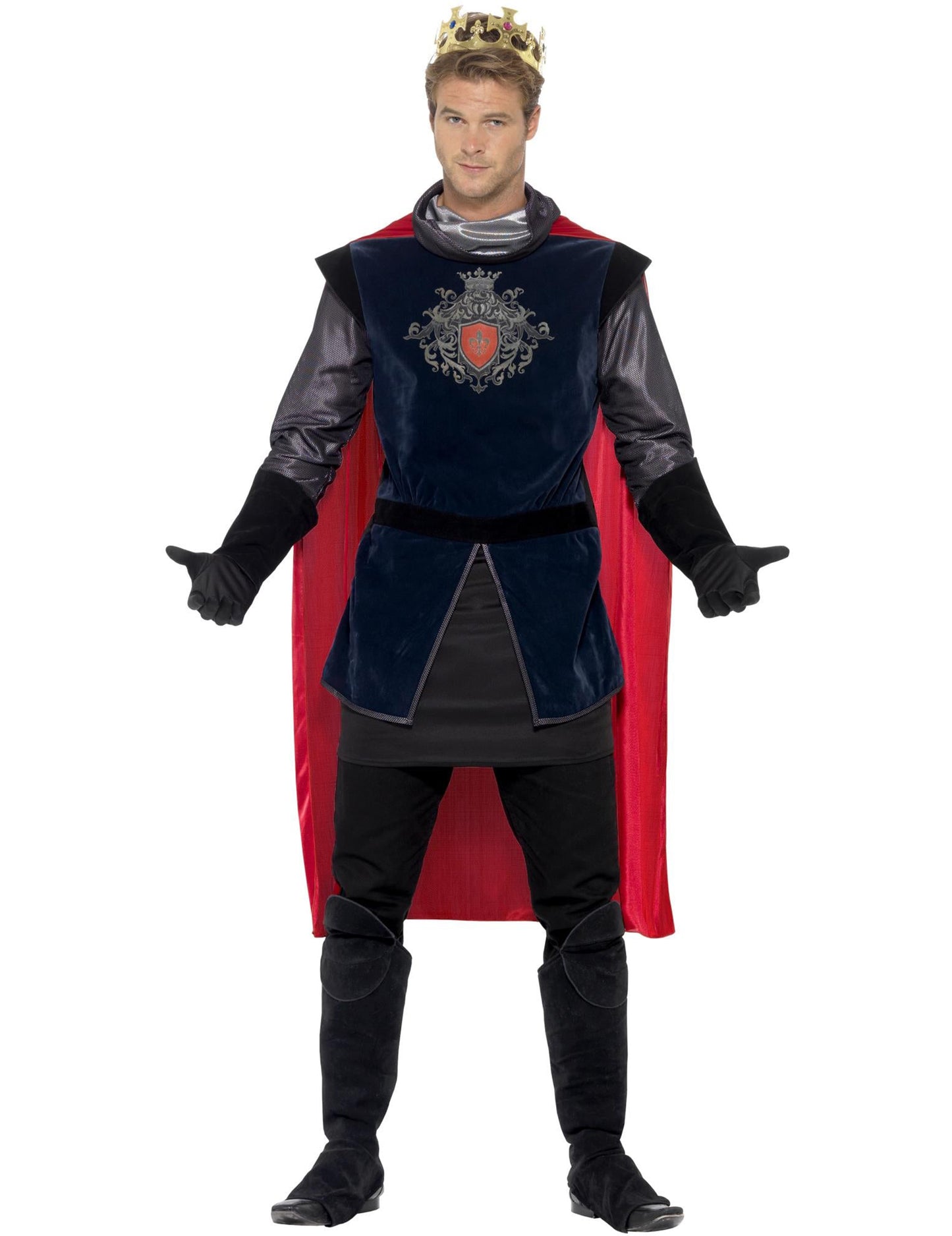 Frontal nézet a bársonyos hatású középkori király jelmezről