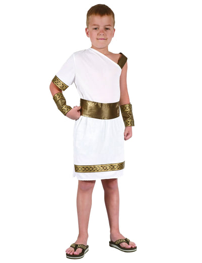 Déguisement romain pour garçon blanc et doré avec ceinture et manchettes