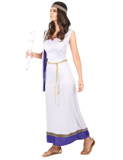 Déguisement de Romaine longue pour femme blanc et violet avec bandeau
