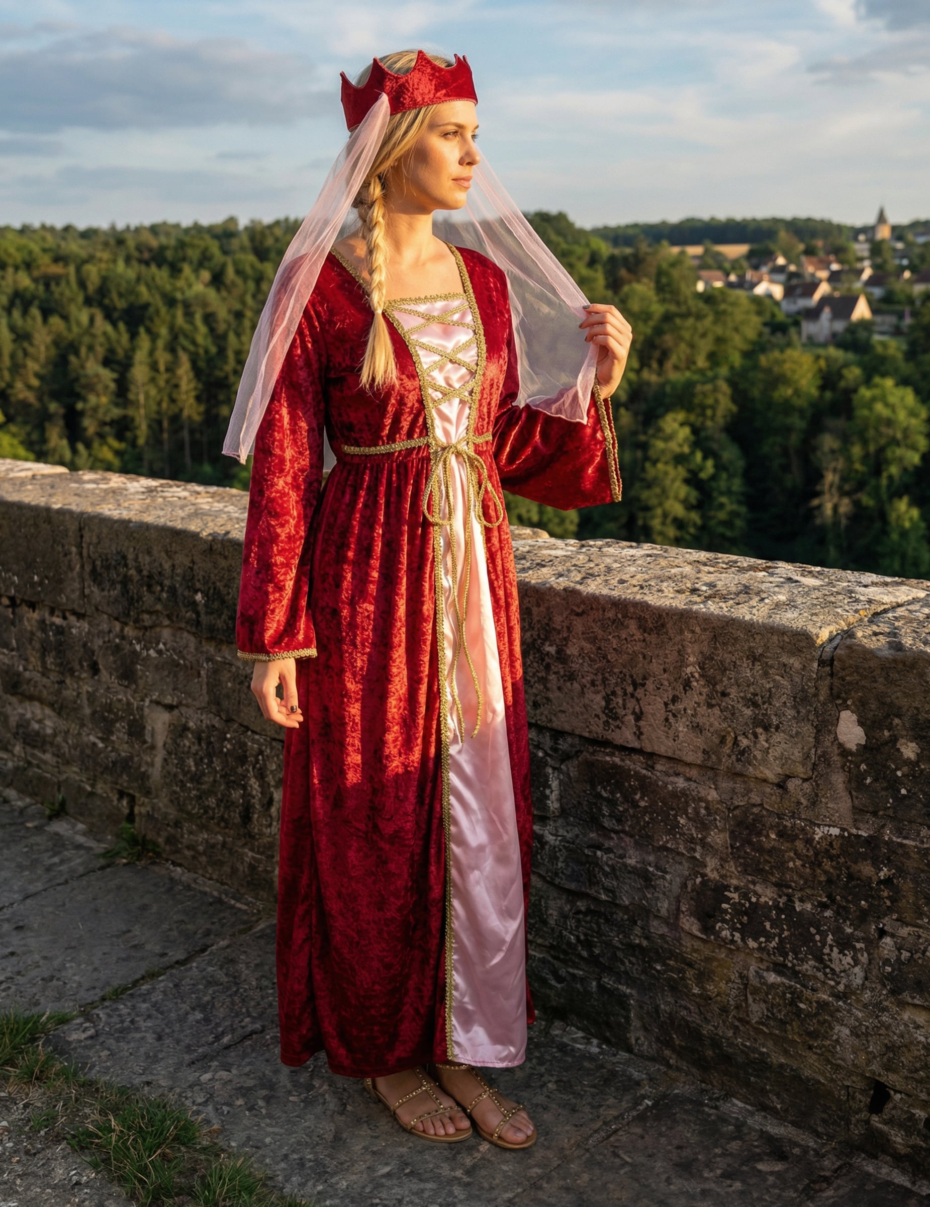 Vue de trois-quarts du déguisement de reine médiévale