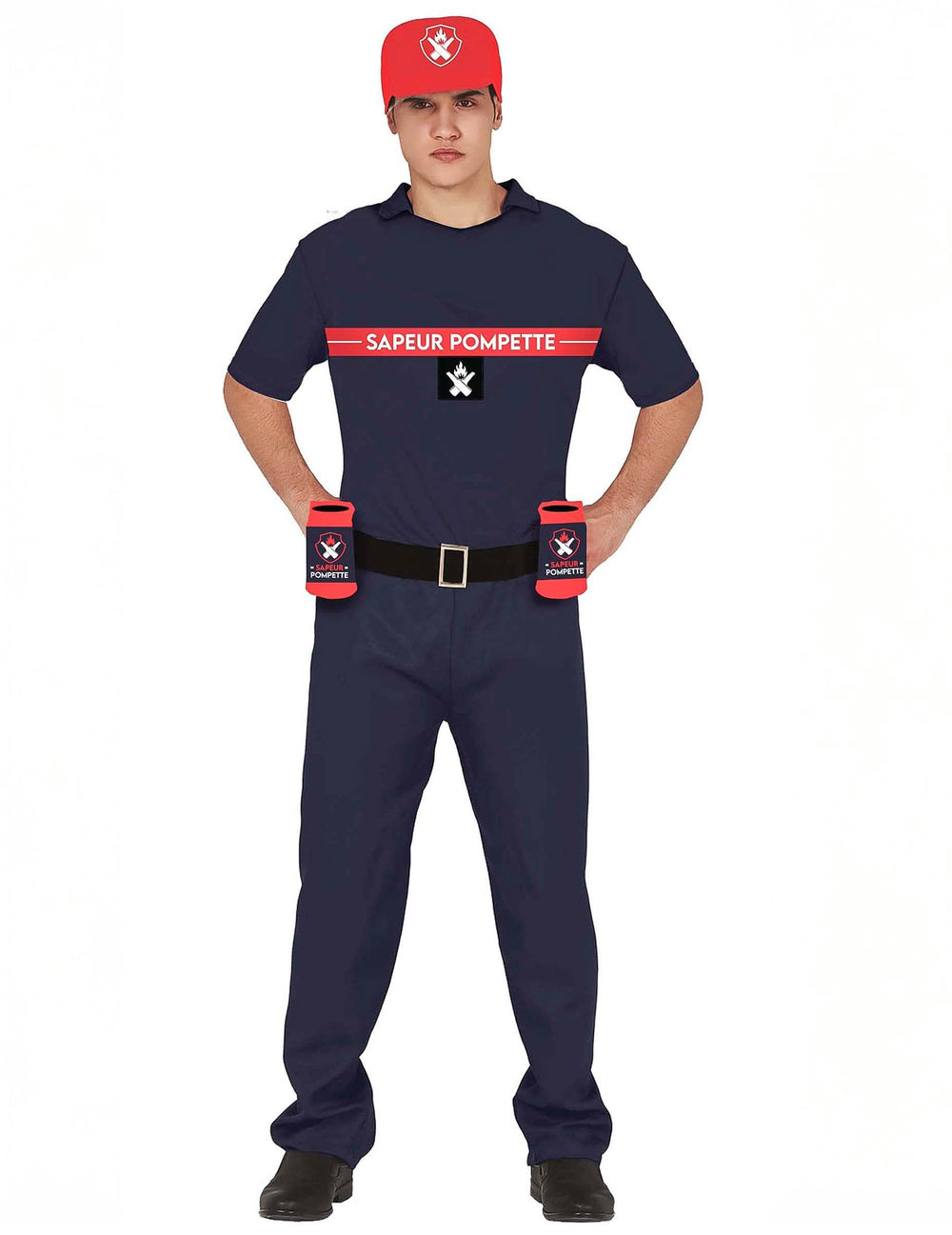 Déguisement sapeur pompette pour adulte bleu marine avec casquette et porte-bières rouge