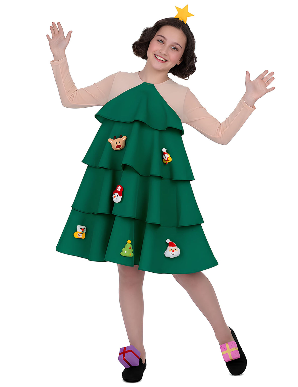 Déguisement Sapin de Noël pour fille vert à volants avec décorations et serre-tête étoile