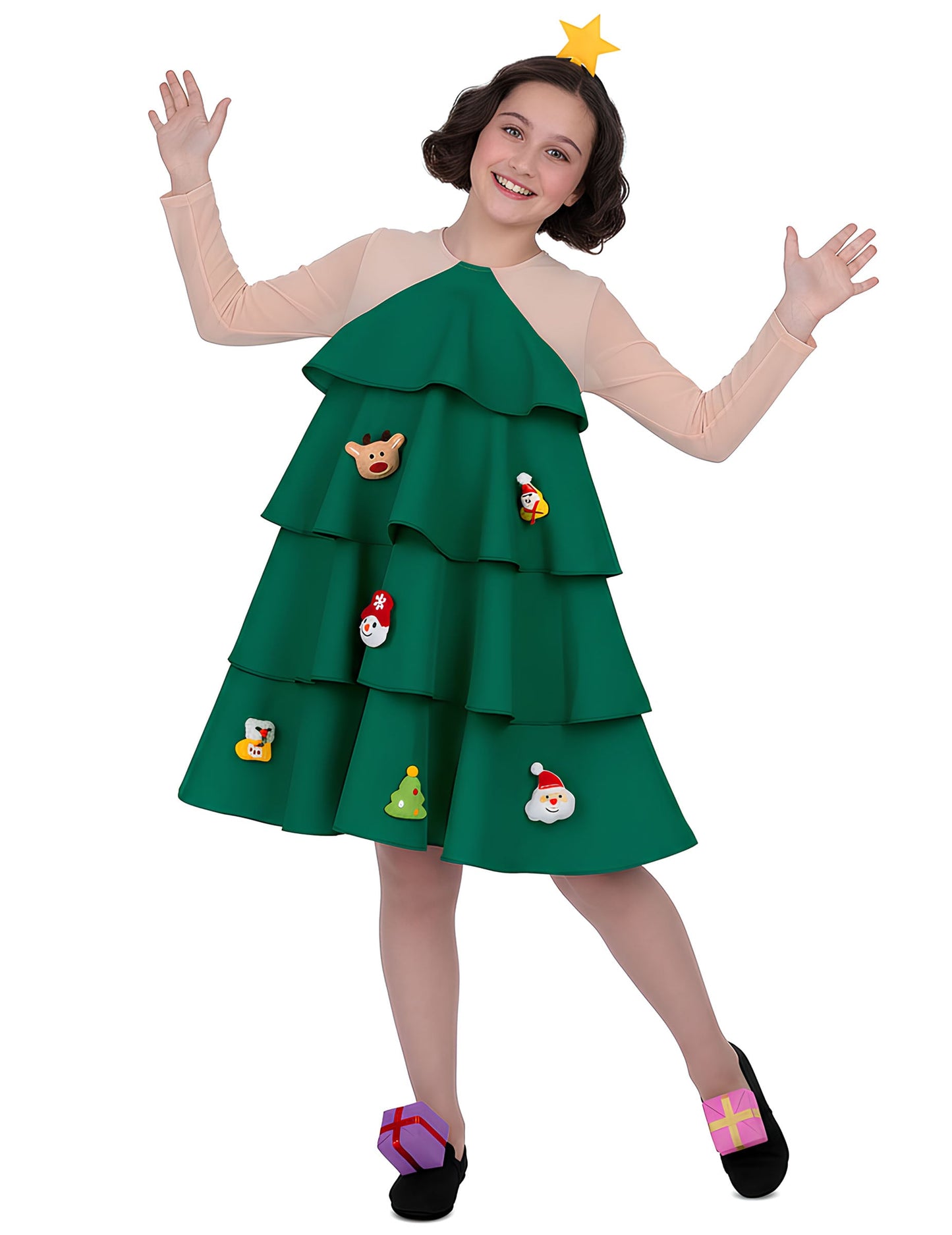 Déguisement Sapin de Noël pour fille vert à volants avec décorations et serre-tête étoile