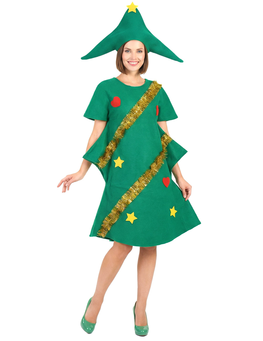 Déguisement sapin décoré humoristique pour femme vert avec guirlandes dorées et chapeau