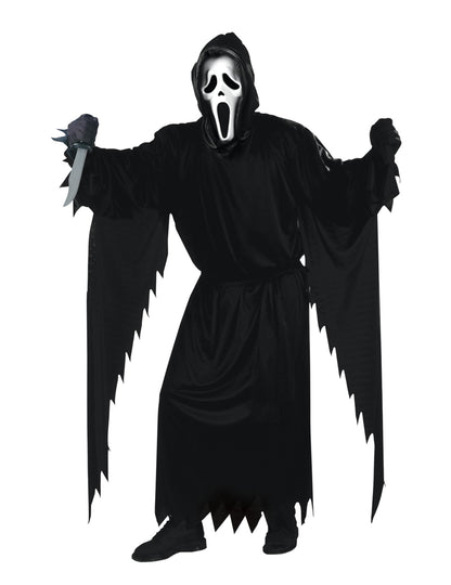 Déguisement Scream pour homme noir avec masque blanc et couteau