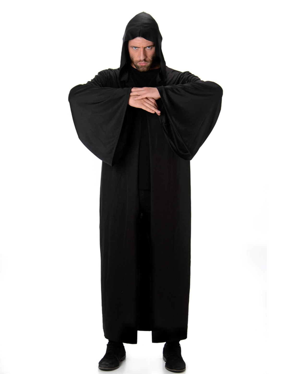 Hosszú, kapucnis fekete halloween köpeny férfiaknak