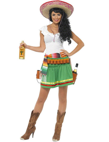 Déguisement serveuse mexicaine pour femme blanc et vert avec ceinture à shots et sombrero