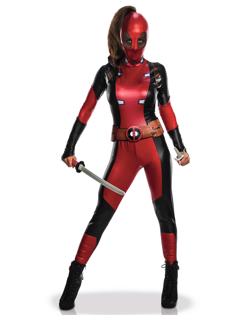 Szexi Lady Deadpool jelmez nőnek piros és fekete fényes maszkkal
