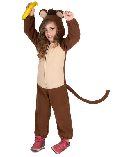 Vue de face avec accessoire banane du déguisement Singe avec queue