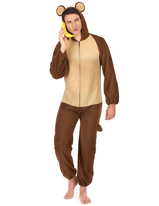 Déguisement de singe pour homme marron et beige avec capuche à oreilles