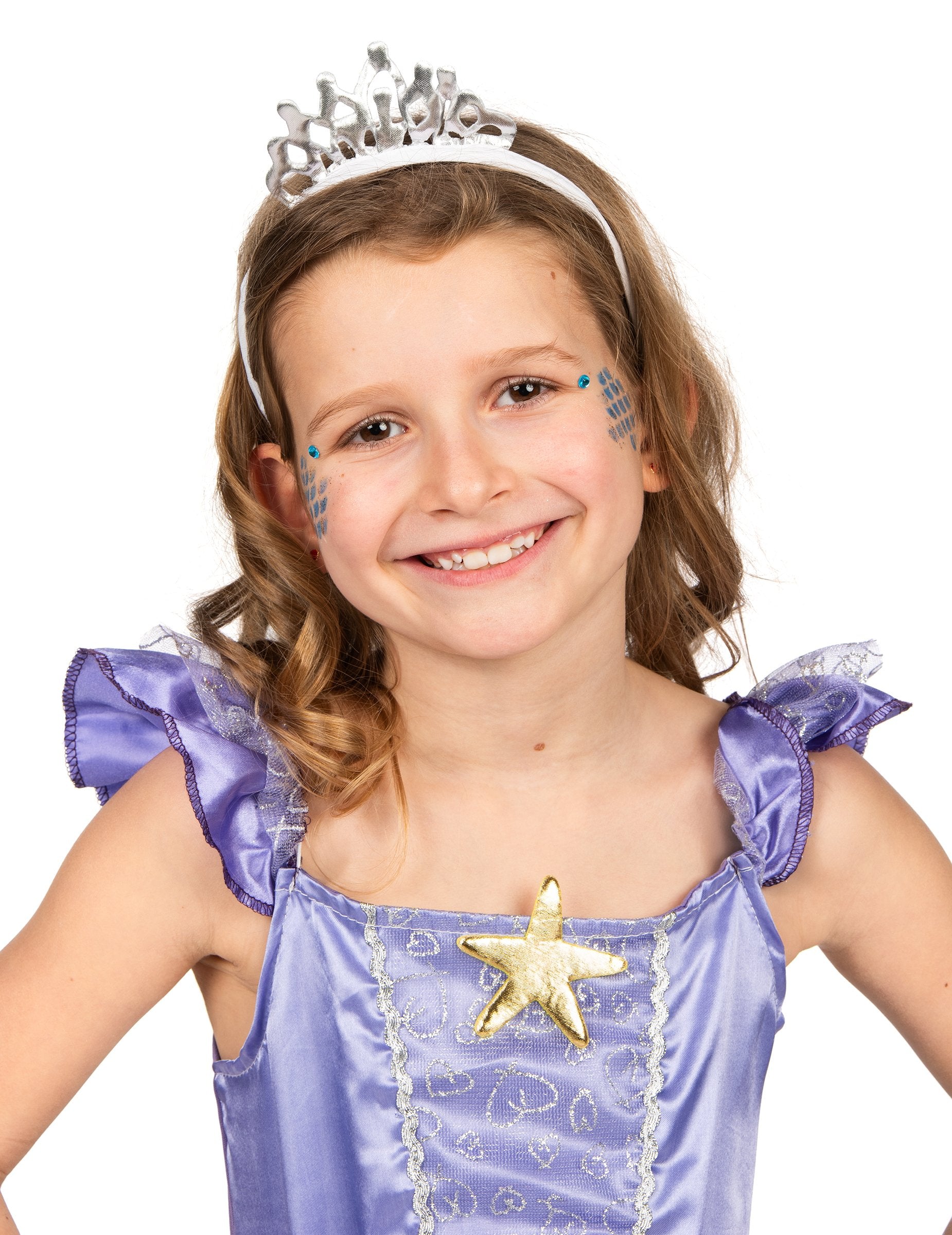 Gros plan sur le bustier et l'étoile dorée du déguisement sirène pour fille