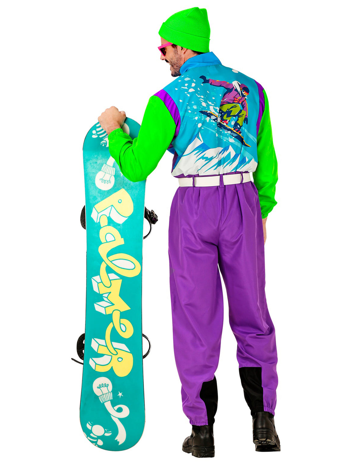 Vue de dos du déguisement snowboarder fluo pour adulte