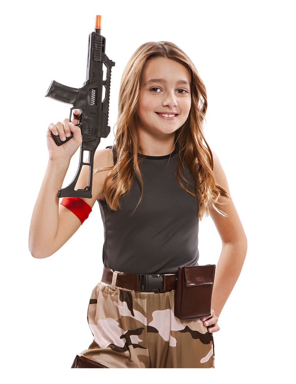 Détail de la mitraillette et des accessoires du déguisement soldat pour fille