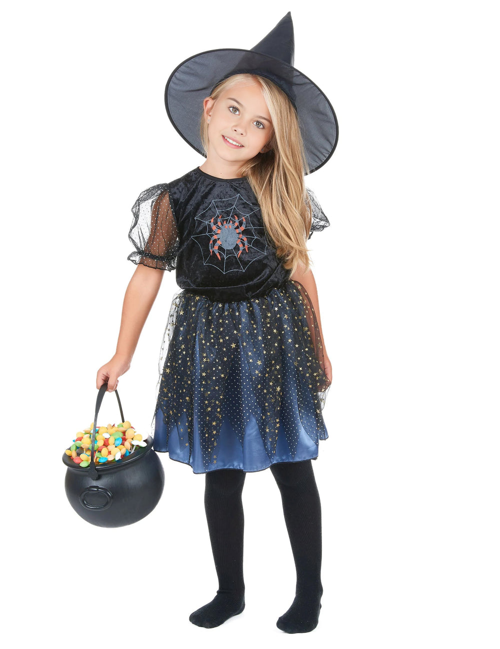 Déguisement de sorcière araignée pour fille noir et bleu avec jupe à étoiles dorées et chapeau