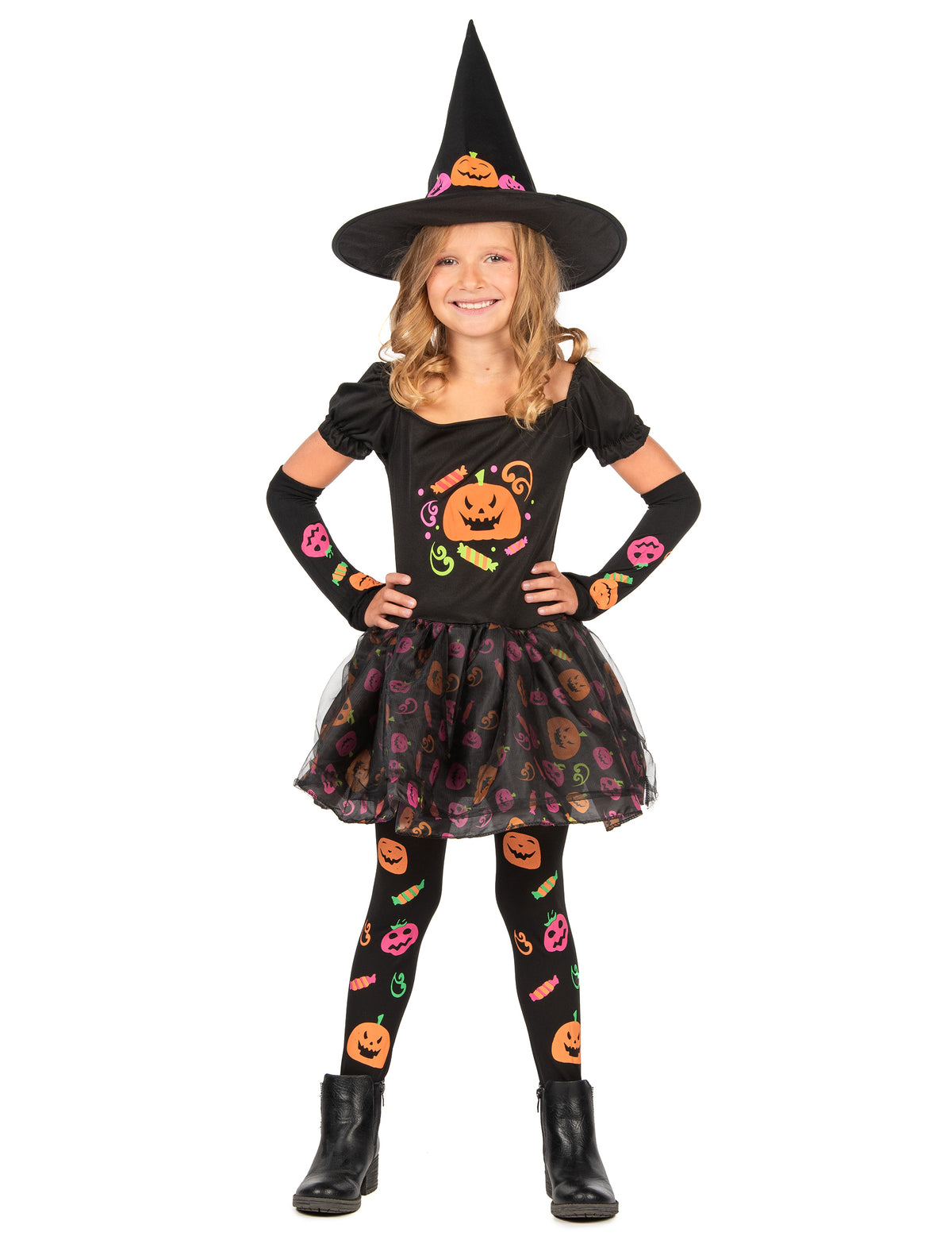 Déguisement de sorcière citrouille pour fille noir avec motifs orange et roses et chapeau pointu