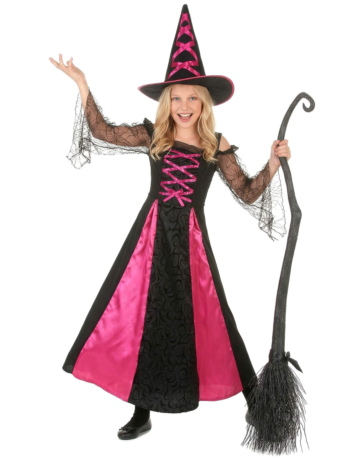 halloween boszorkányjelmez, fogazott, lány fekete és rózsaszín kalappal