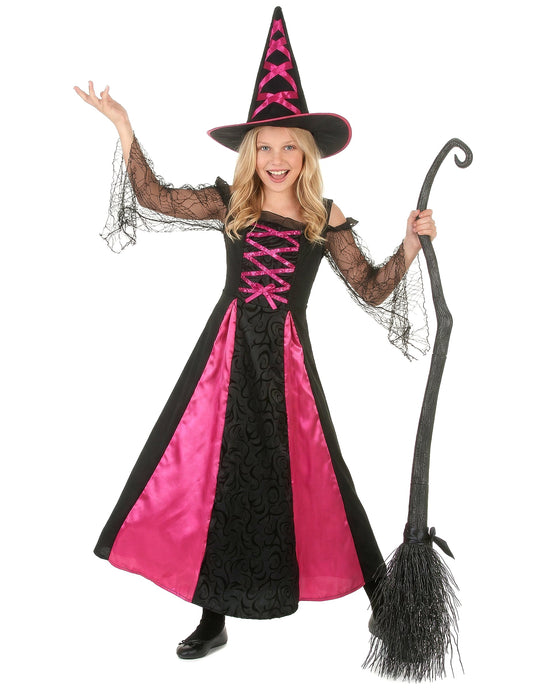 Déguisement de sorcière dentelé Halloween pour fille noir et rose avec chapeau