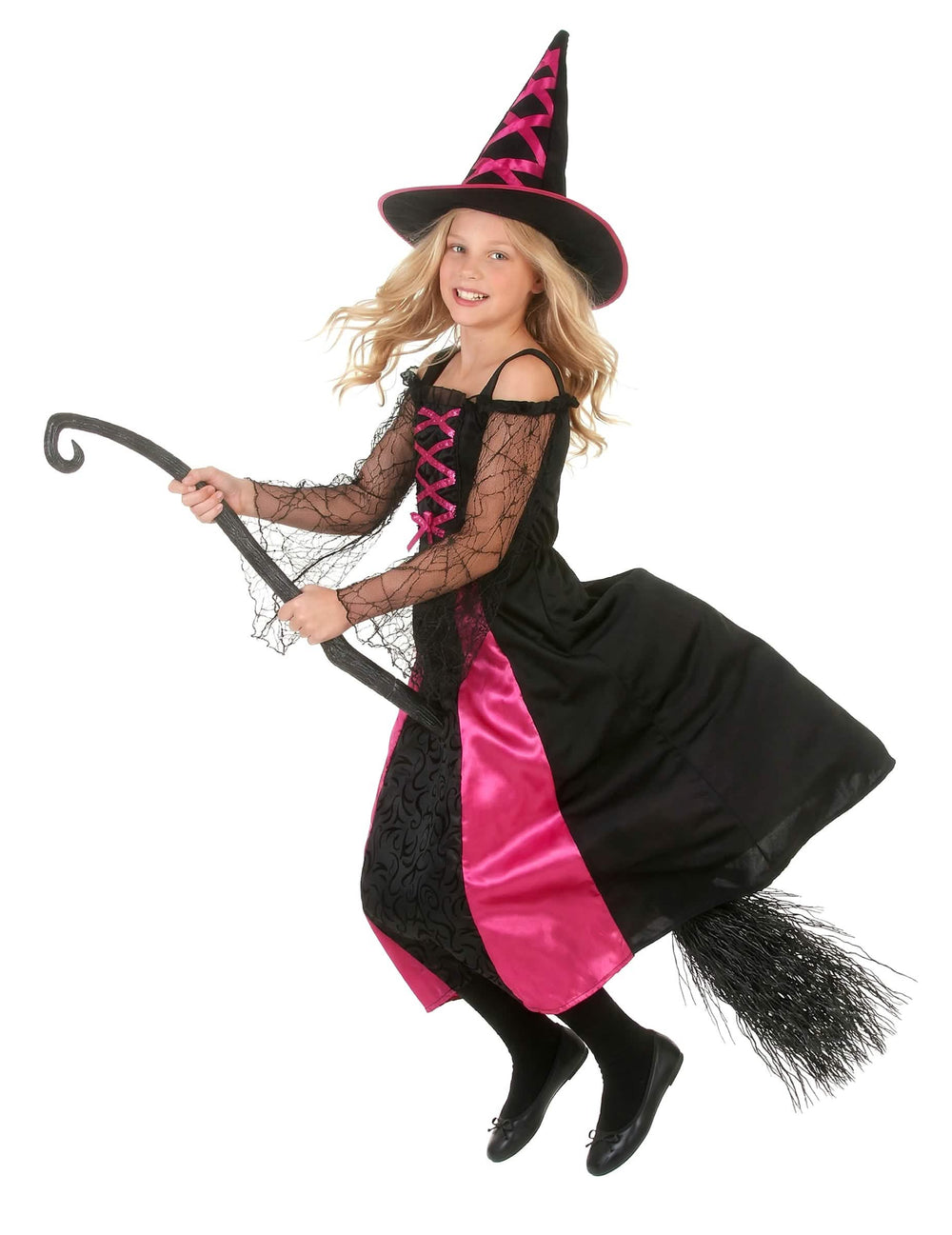 Oldalnézet fogazott boszorkányjelmez seprűvel halloween