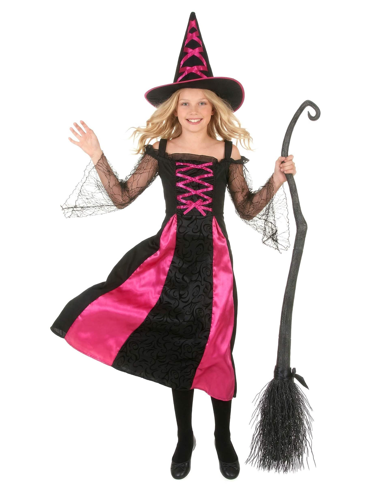 Elölnézetben a halloween-i fogazott boszorkányjelmez seprűvel