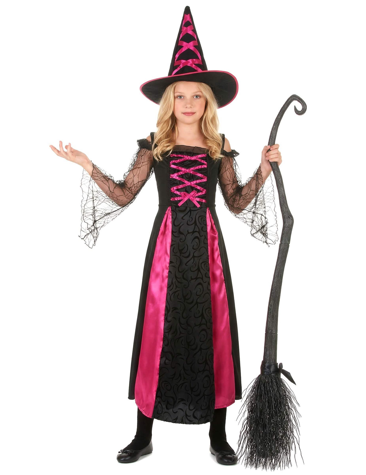 Áttekintés kalappal és seprűvel a fogazott halloween boszorkányjelmezről