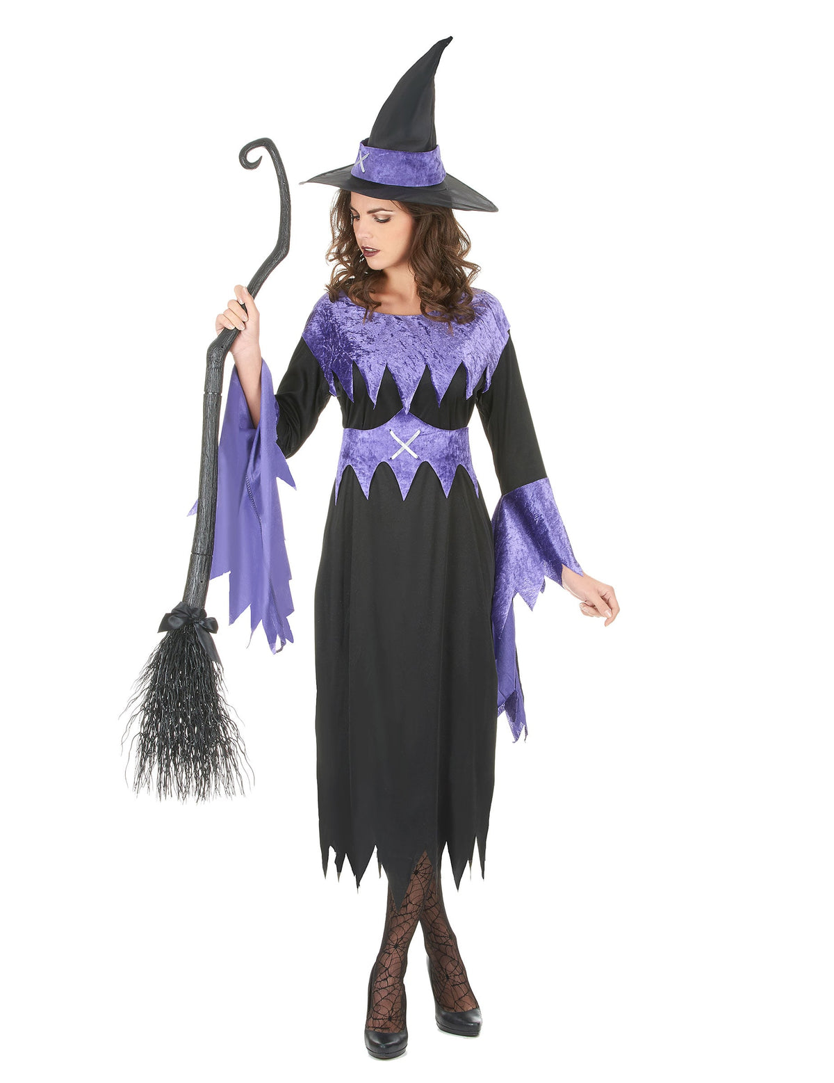 Déguisement de sorcière pour femme violet et noir avec chapeau