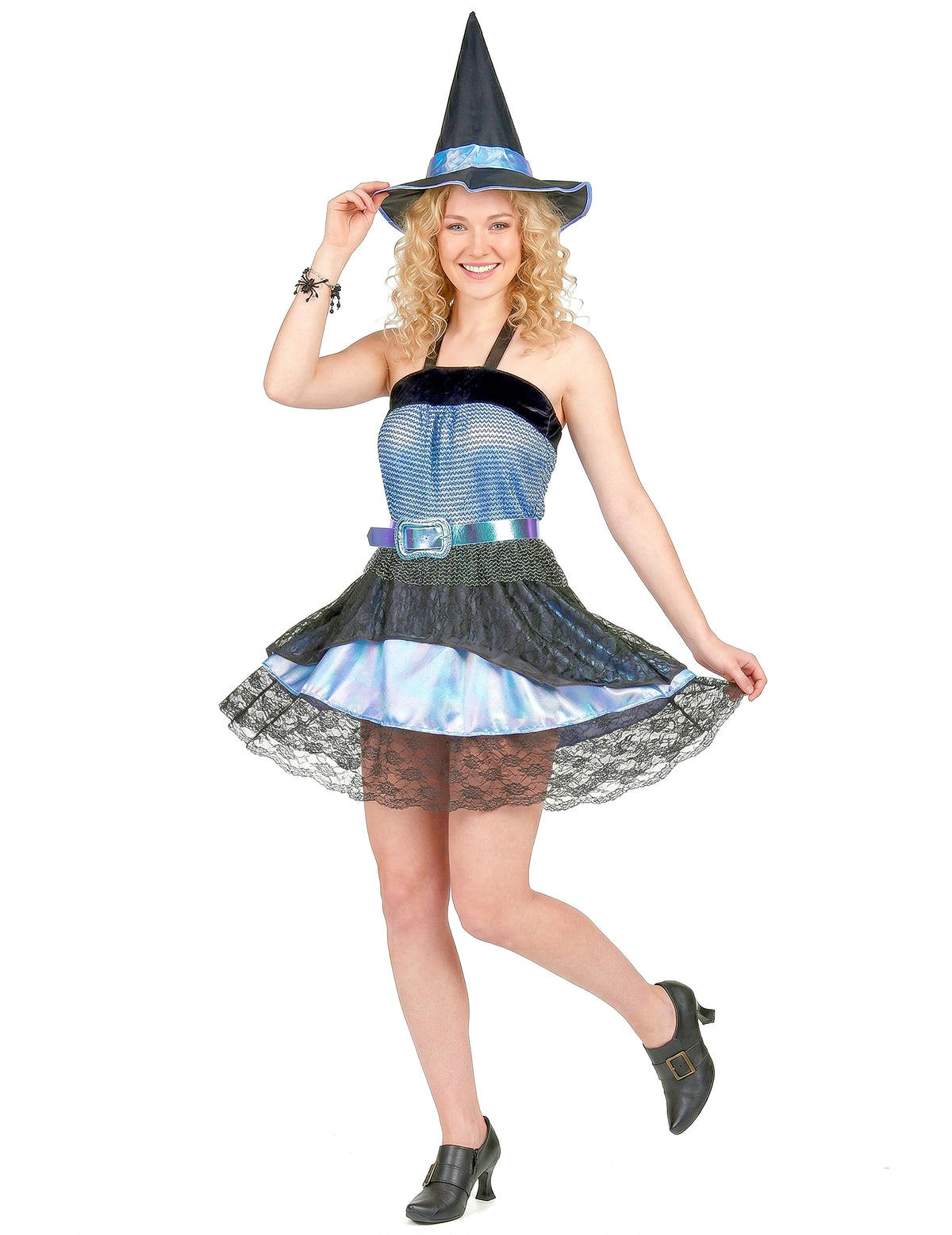 Vue de face du déguisement de sorcière Halloween pour femme