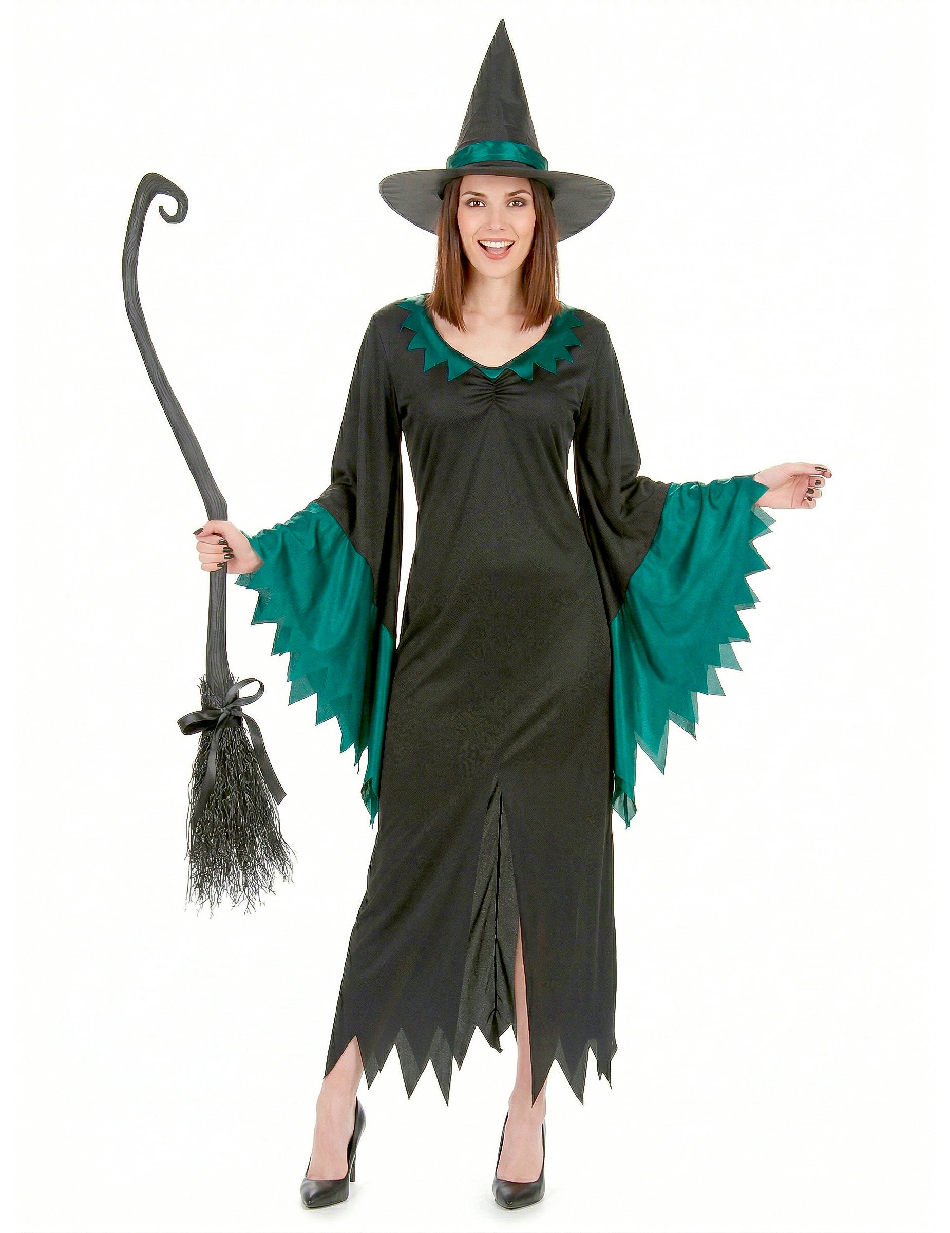 Déguisement de sorcière longue pour femme noir et vert avec chapeau pointu