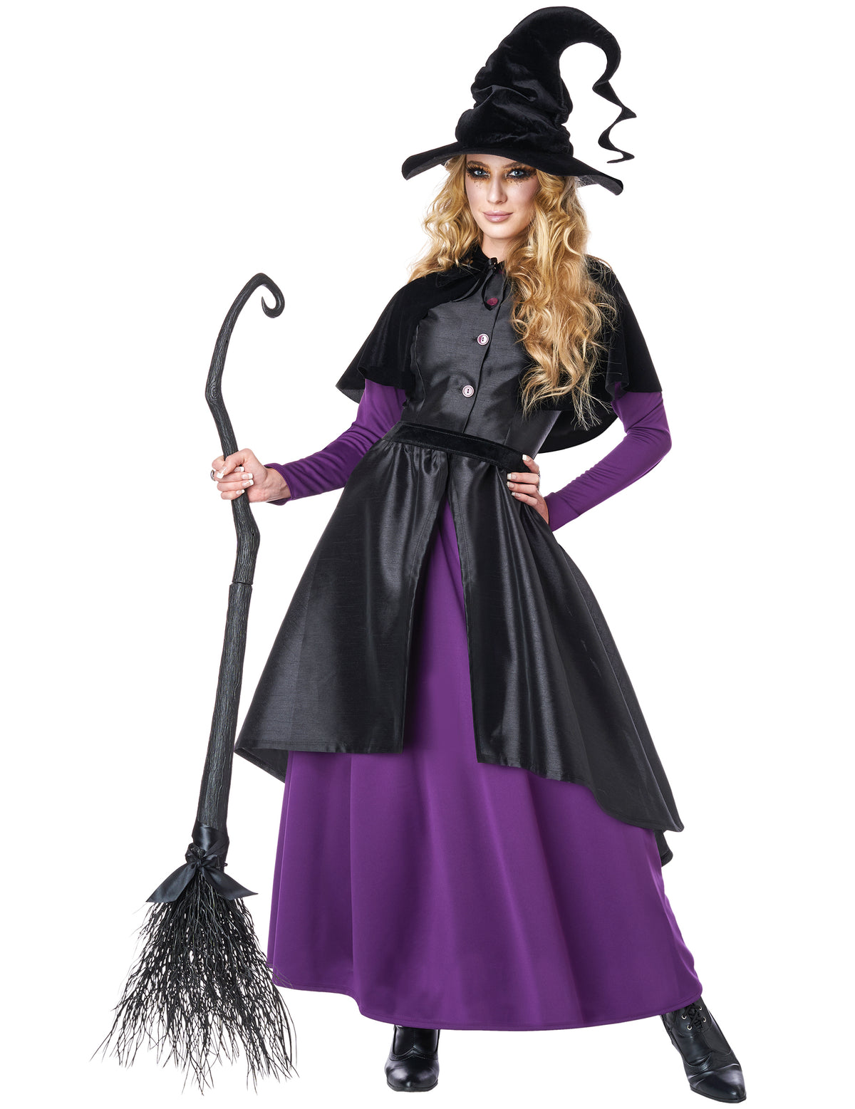 Déguisement de sorcière luxe pour femme noire et violette avec chapeau