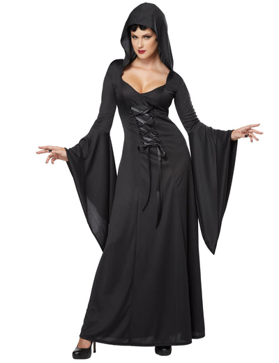 Déguisement sorcière noire pour femme Halloween avec capuche et laçage