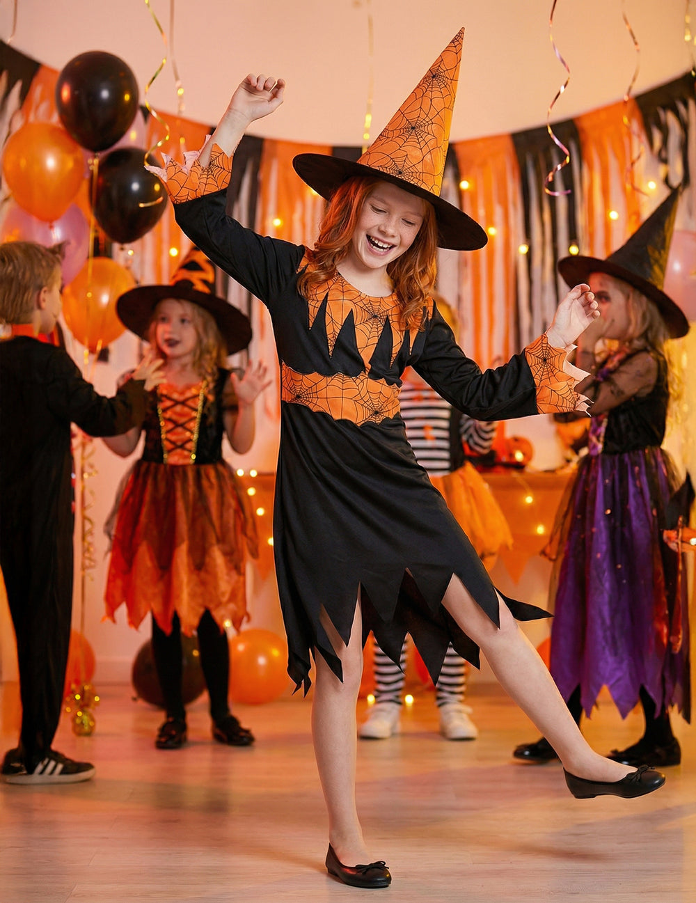 Mise en scène festive du déguisement de sorcière pour fille