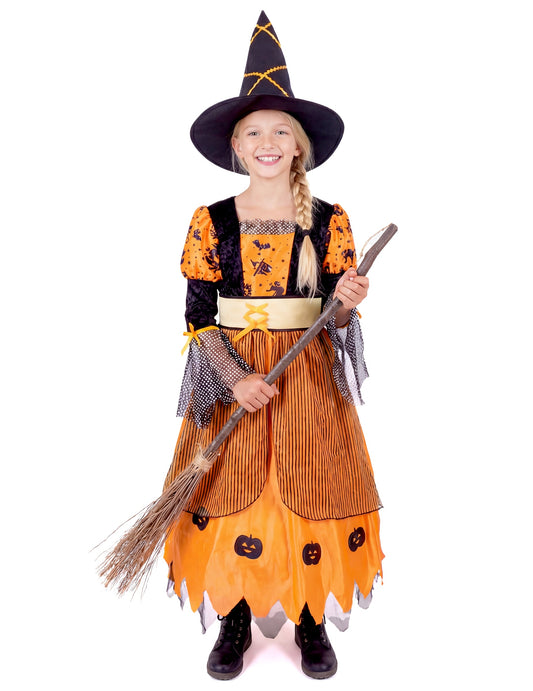 Déguisement de sorcière pour fille orange avec chapeau pointu et motifs citrouilles