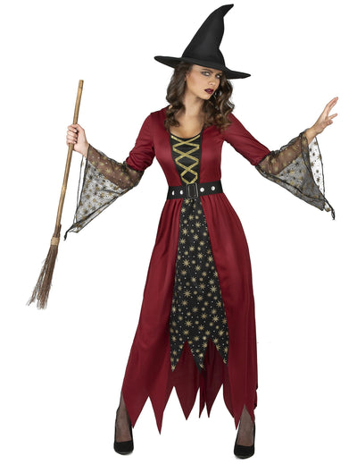 Déguisement sorcière pour femme rouge et or avec chapeau