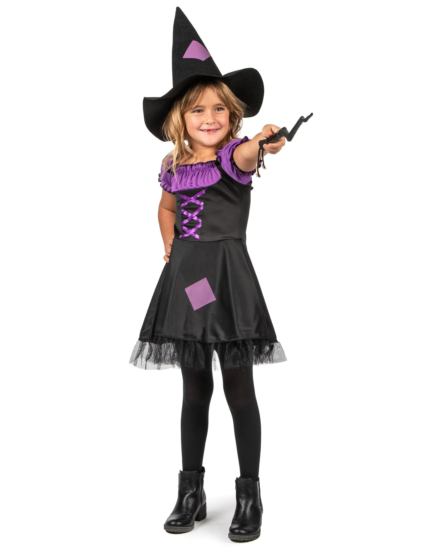 Fekete és lila boszorkány jelmez lányoknak kalappal