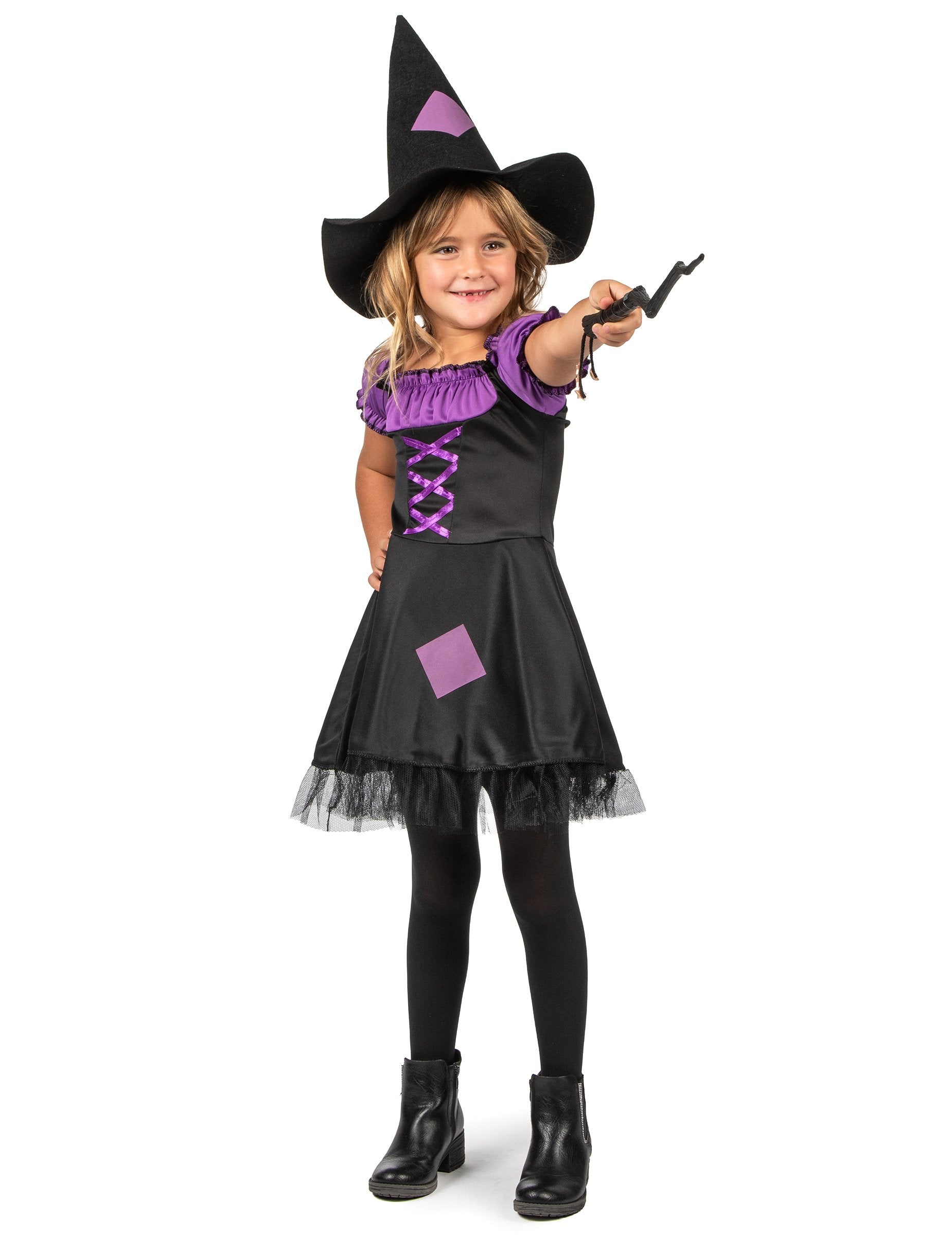 Fekete és lila boszorkány jelmez lányoknak kalappal
