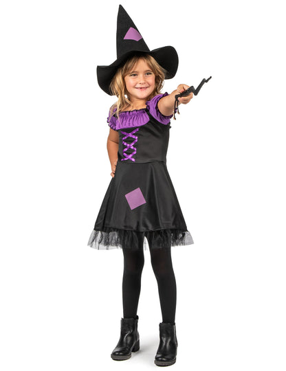 Fekete és lila boszorkány jelmez lányoknak kalappal