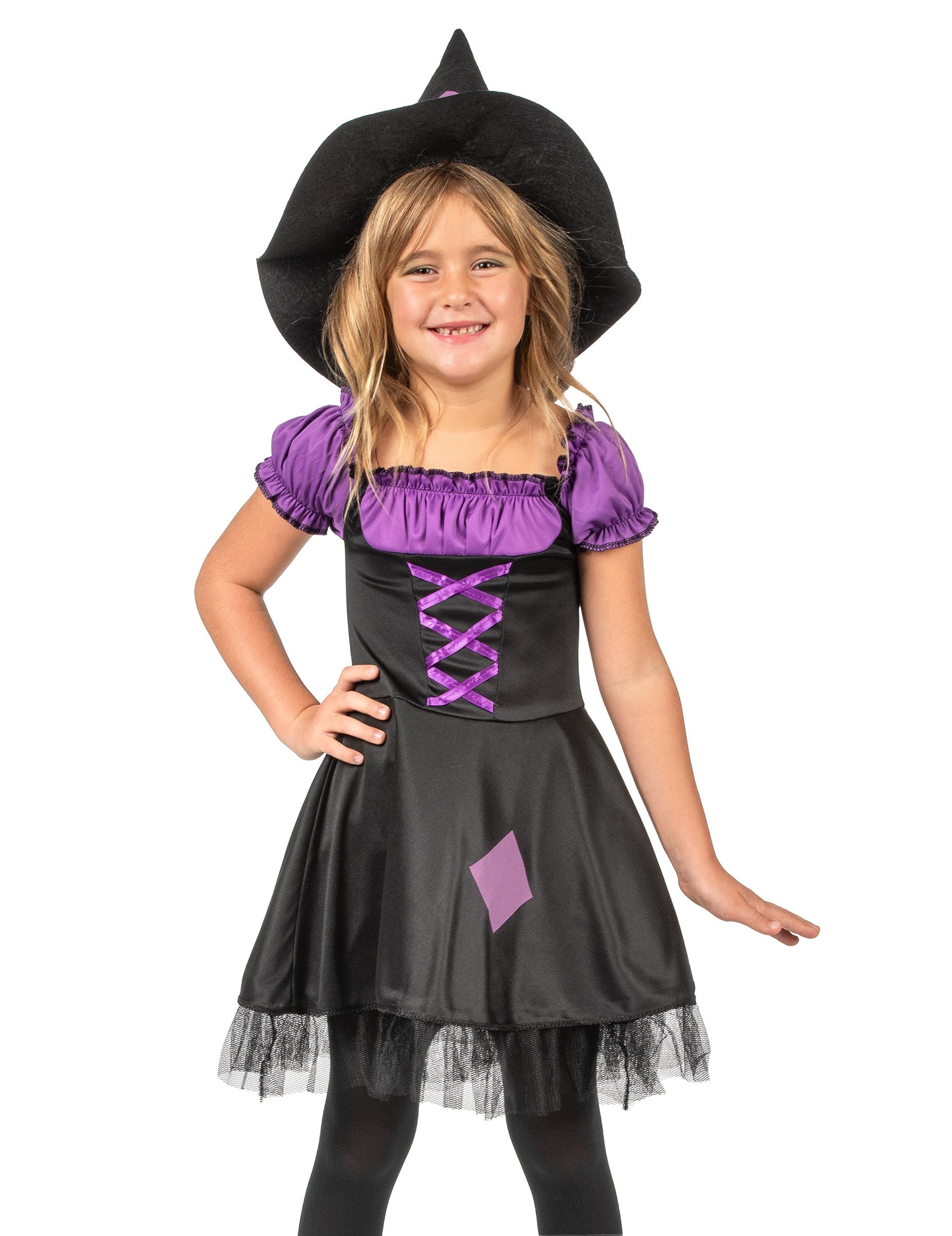 Részletek a lányoknak szánt boszorkány jelmez felső részéről és kalapjáról