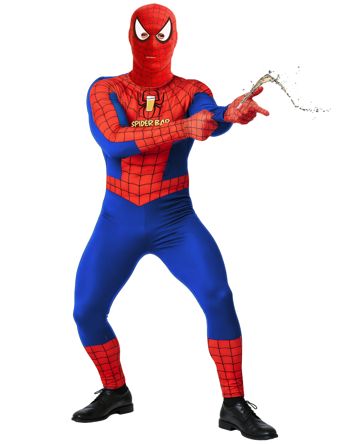 Déguisement Spiderbar avec lanceur de liquide pour adulte bleu et rouge avec logo bière