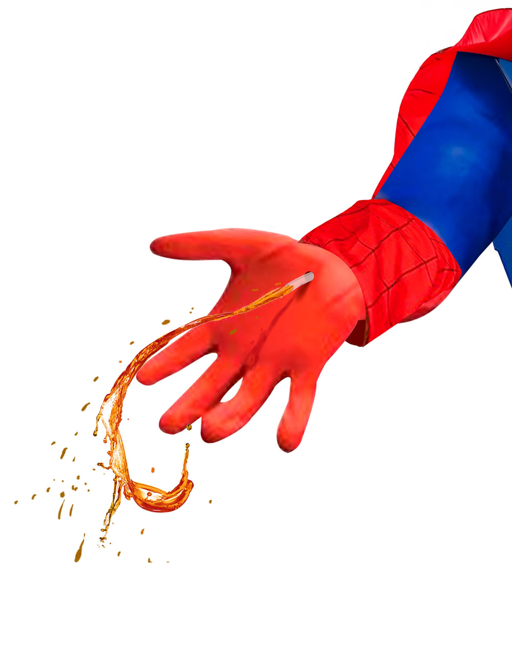 Gros plan sur le gant lanceur de liquide du déguisement Spiderbar avec lanceur de liquide